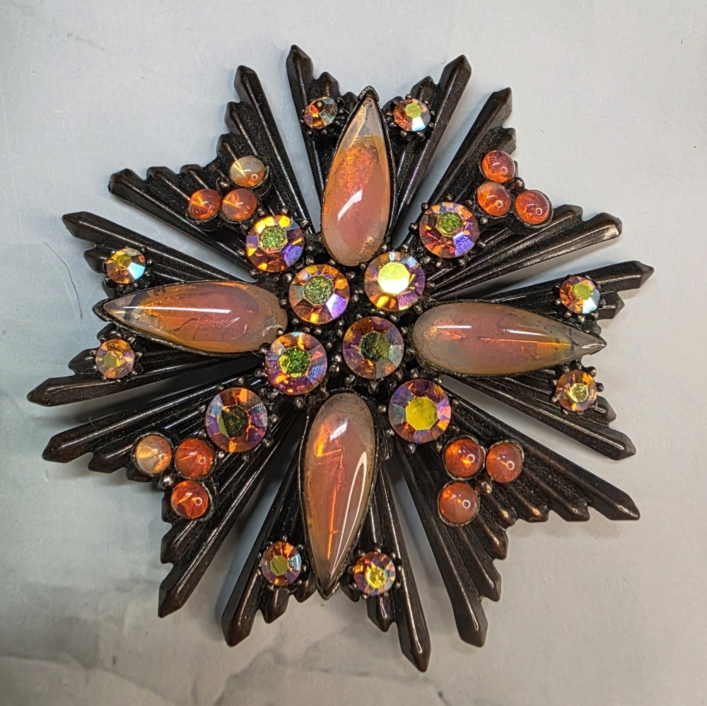 Vintage FLORENZA Starburst Pendant Opaline Glass AB Rhinestones MCM